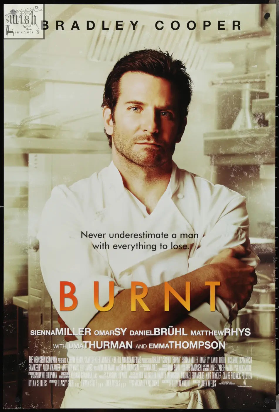 Movie poster featuring bradley cooper in a white chef’s coat with slight border wear for burnt 2015 original us one sheet