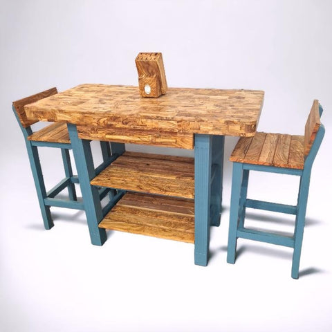 Rustic butcher block kitchen dining table with teal legs and stools featuring olive wood mosaic tabletop