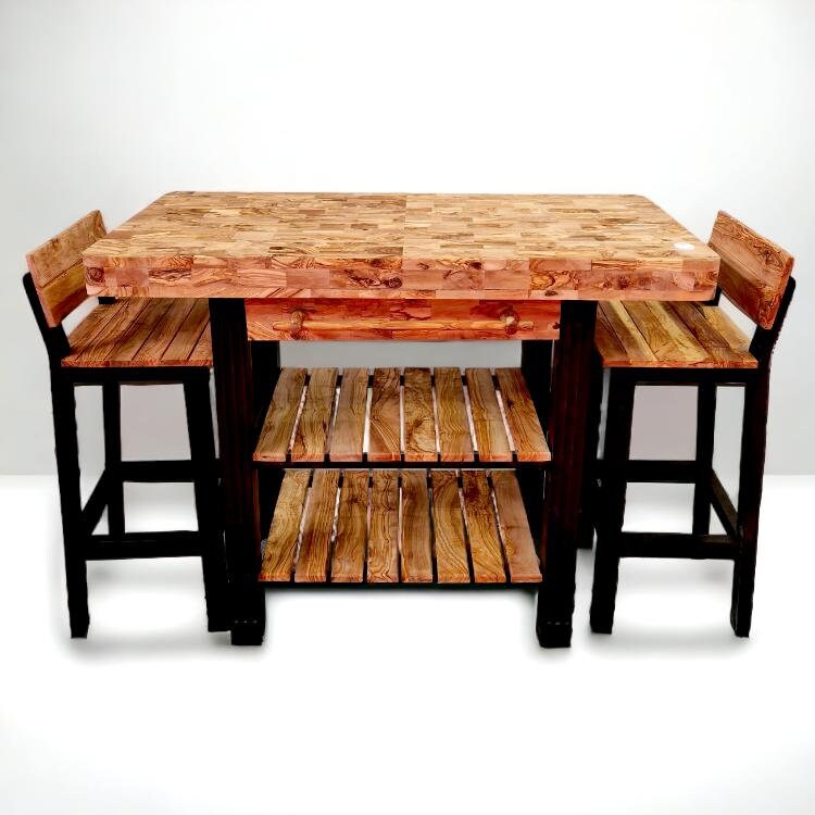 Rustic butcher block kitchen table with scratchproof patchwork top and two stools with dark legs and storage shelves