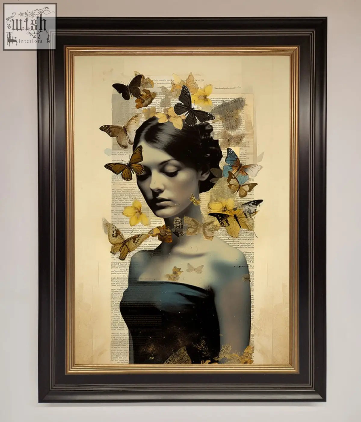 Elegant black-framed butterfly book woman poster with yellow and brown butterflies on aged book page background