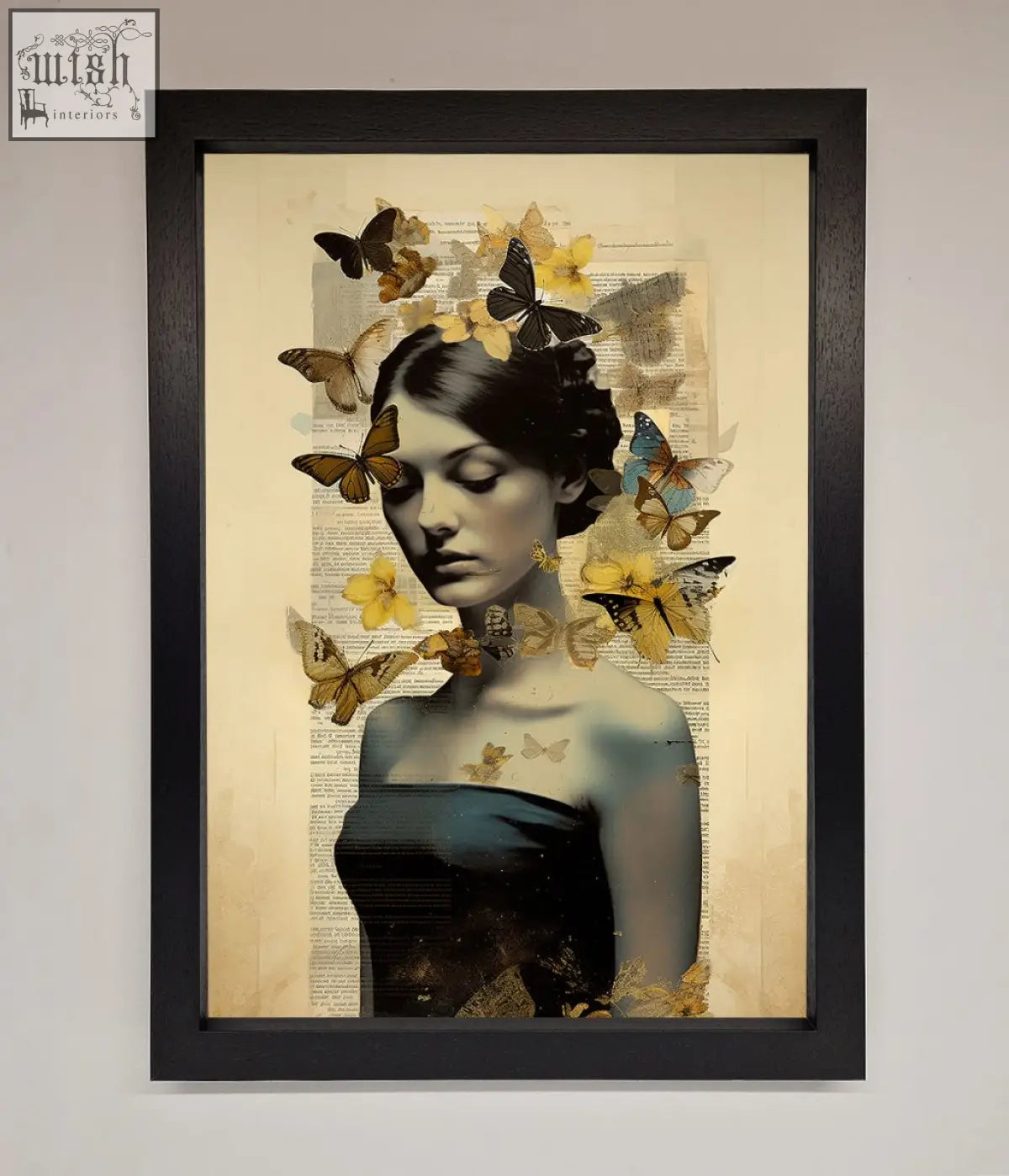 Black-framed butterfly book woman mixed-media artwork with yellow flowers on vintage book page text woman framed poster