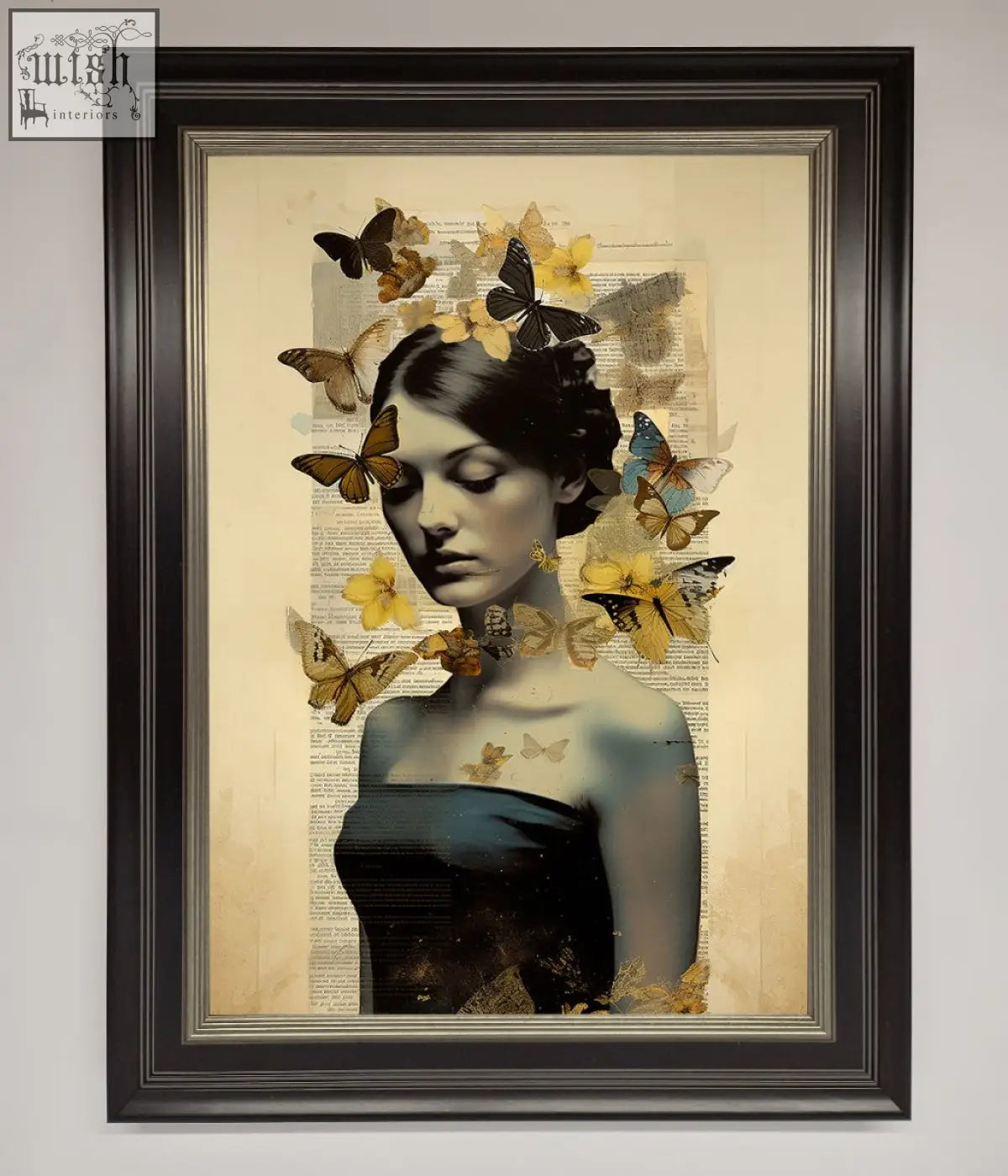 A butterfly book woman framed poster showing a dark haired woman with butterflies on an aged book page background