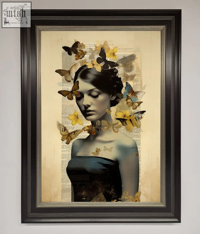 A butterfly book woman framed poster showing a dark haired woman with butterflies on an aged book page background