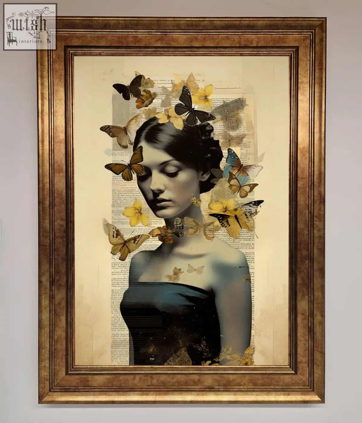 A butterfly book woman framed poster with dark-haired woman and yellow brown blue butterflies on vintage newspaper