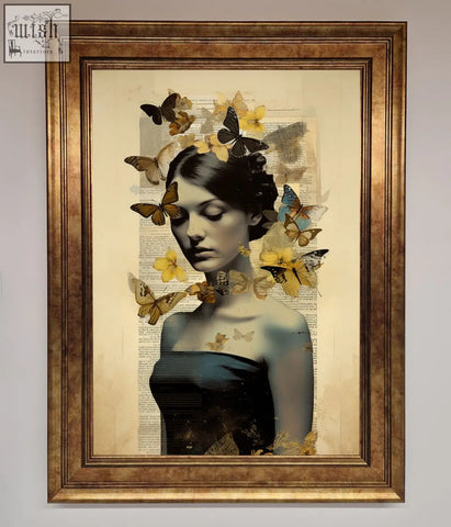 A butterfly book woman framed poster with dark-haired woman and yellow brown blue butterflies on vintage newspaper