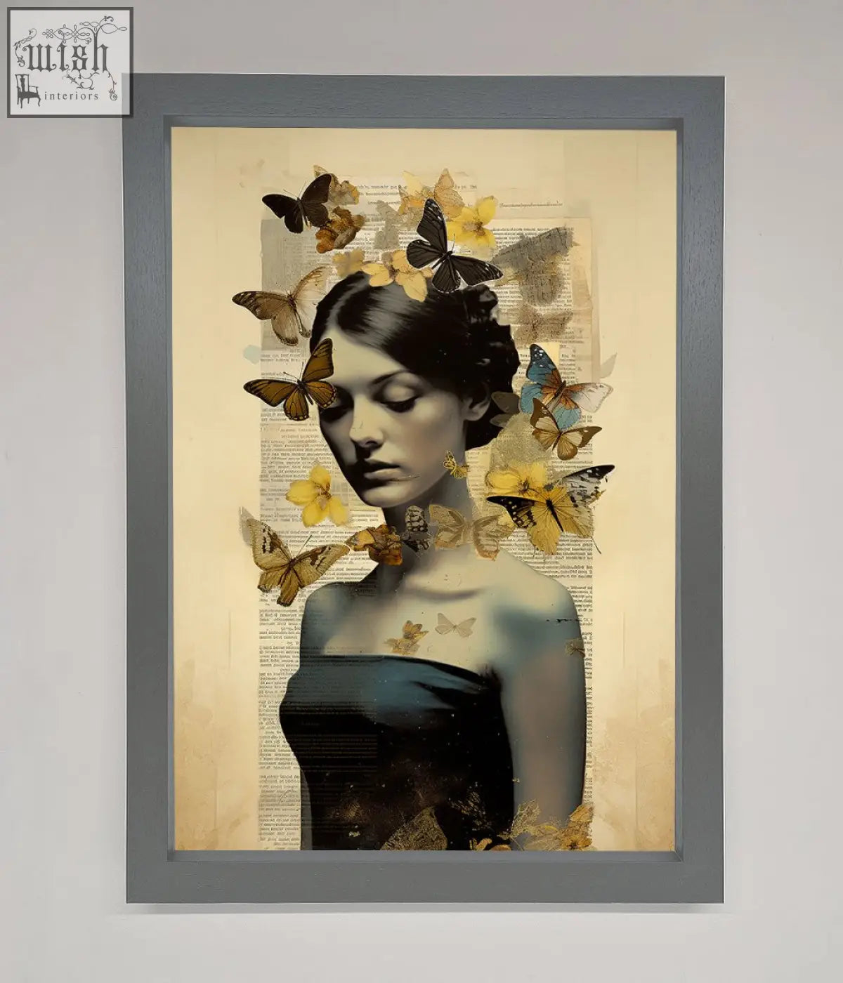 A butterfly book woman framed poster showing a dark-haired woman with butterflies and yellow flowers on book page background