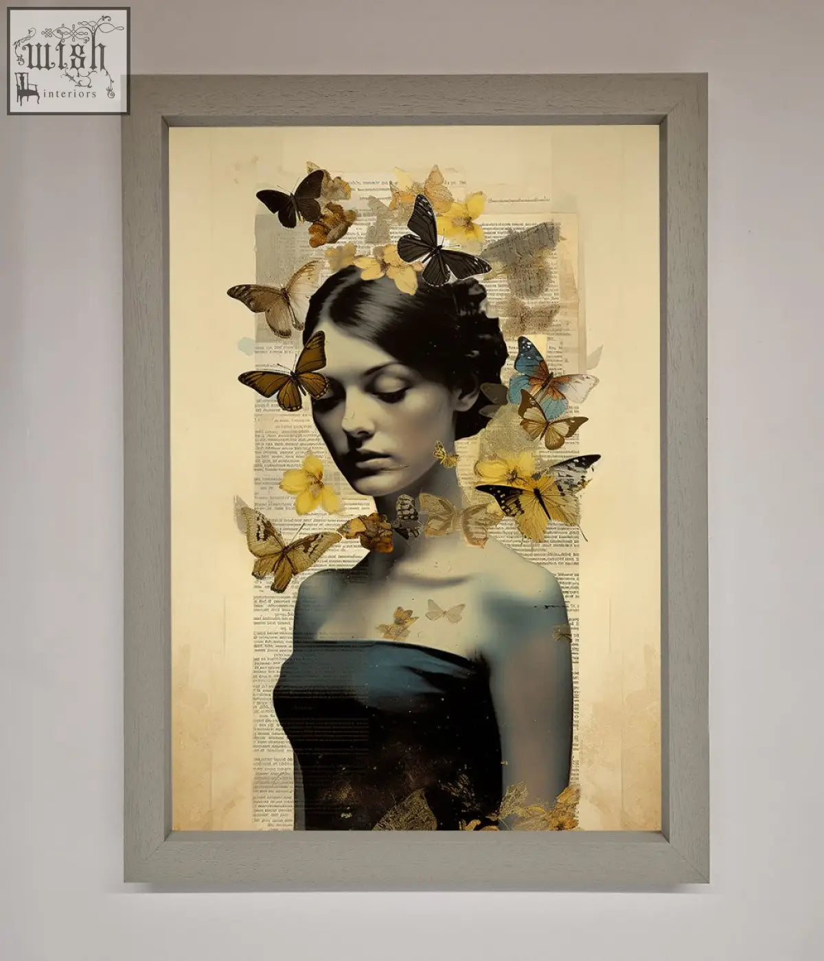Framed mixed-media butterfly book woman poster with dark hair butterflies yellow flowers on vintage newspaper background