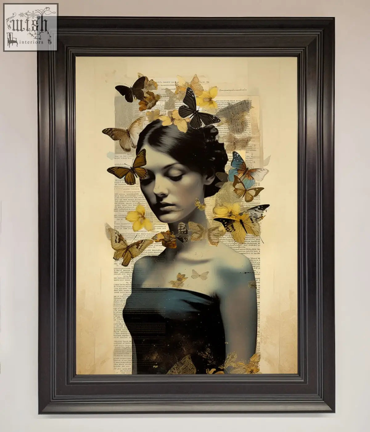 A butterfly book woman framed poster showing a dark haired woman surrounded by yellow brown and blue butterflies on vintage paper