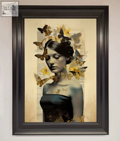 A butterfly book woman framed poster showing a dark haired woman surrounded by yellow brown and blue butterflies on vintage paper
