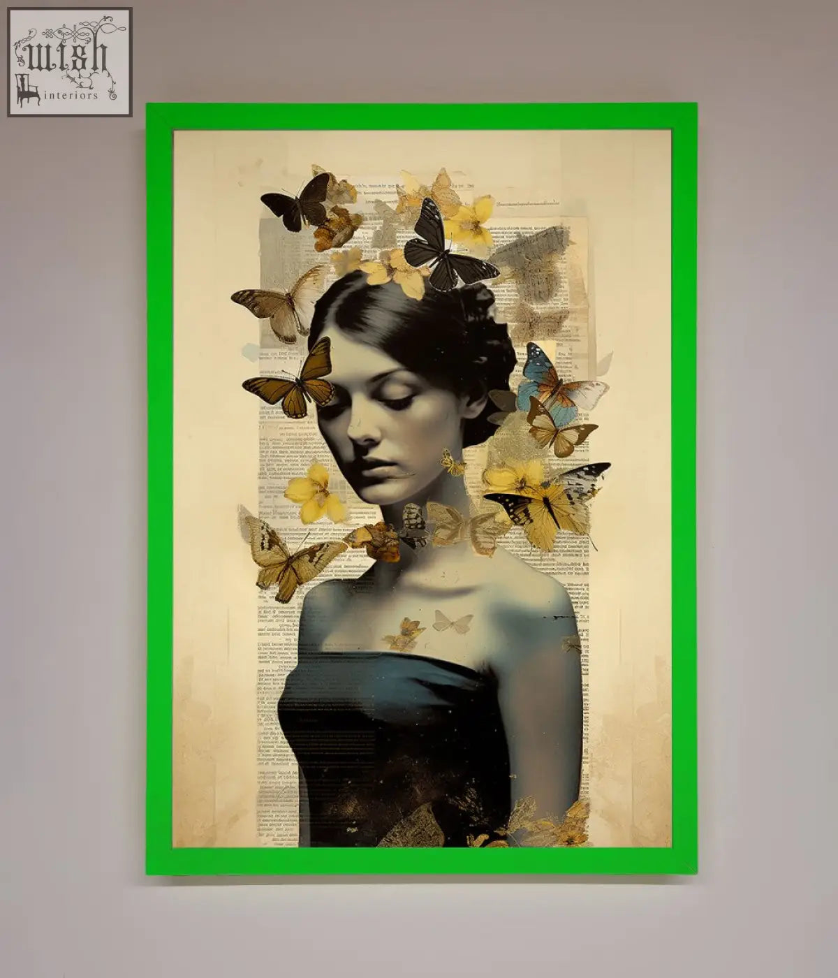 A butterfly book woman framed poster featuring dark hair woman with butterflies and yellow flowers on newspaper background