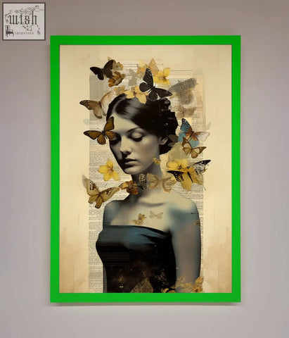 A butterfly book woman framed poster featuring dark hair woman with butterflies and yellow flowers on newspaper background