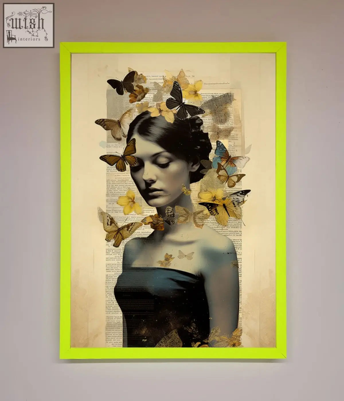 A butterfly book woman framed poster showing mixed-media art of a woman with butterflies and yellow flowers on vintage paper