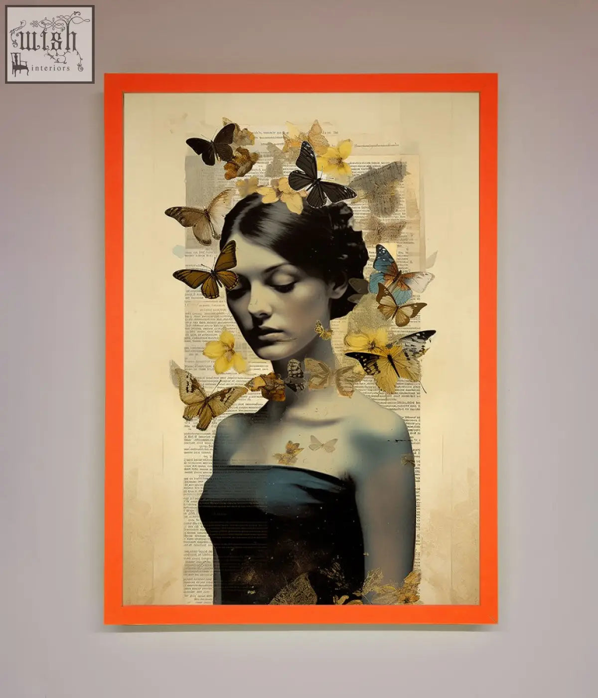 Orange-framed butterfly book woman poster with dark hair and yellow brown blue butterflies on vintage book page background