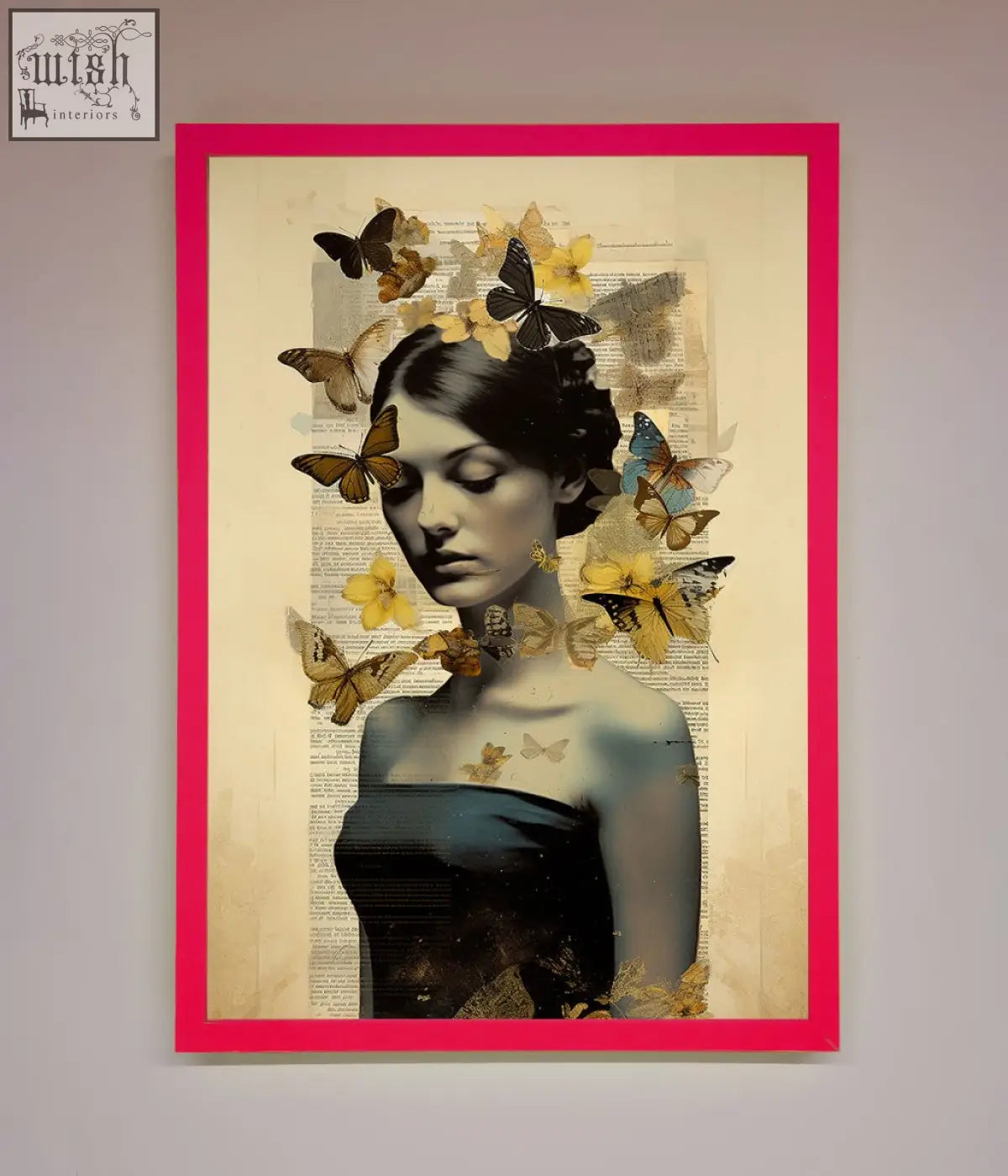 A butterfly book woman framed poster showing a dark haired woman surrounded by yellow and brown butterflies on vintage book pages