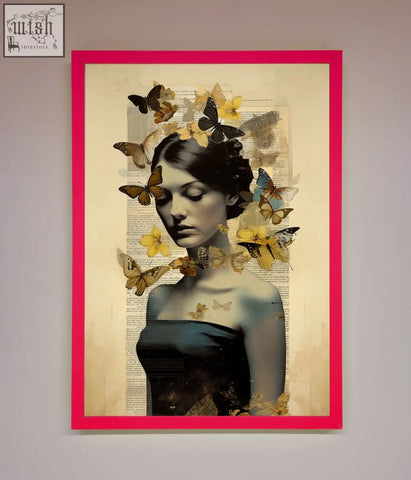 A butterfly book woman framed poster showing a dark haired woman surrounded by yellow and brown butterflies on vintage book pages