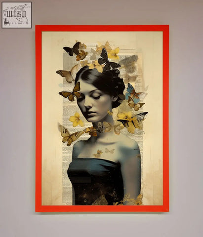 A butterfly book woman framed poster featuring a dark haired woman with yellow brown and blue butterflies on book pages