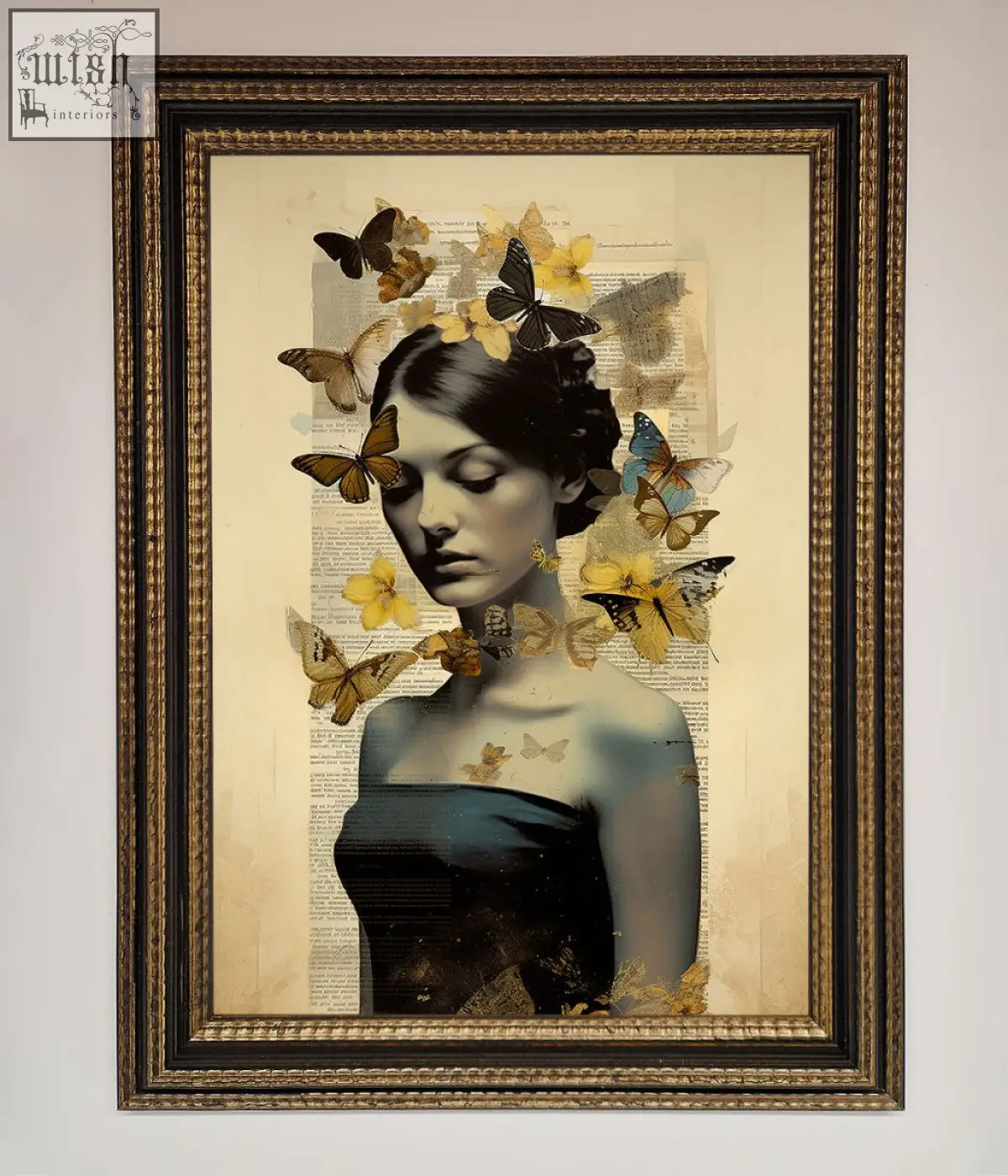 A butterfly book woman framed poster showing a dark haired woman with butterflies on a vintage book page background