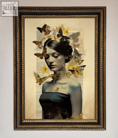 A butterfly book woman framed poster showing a dark haired woman with butterflies on a vintage book page background