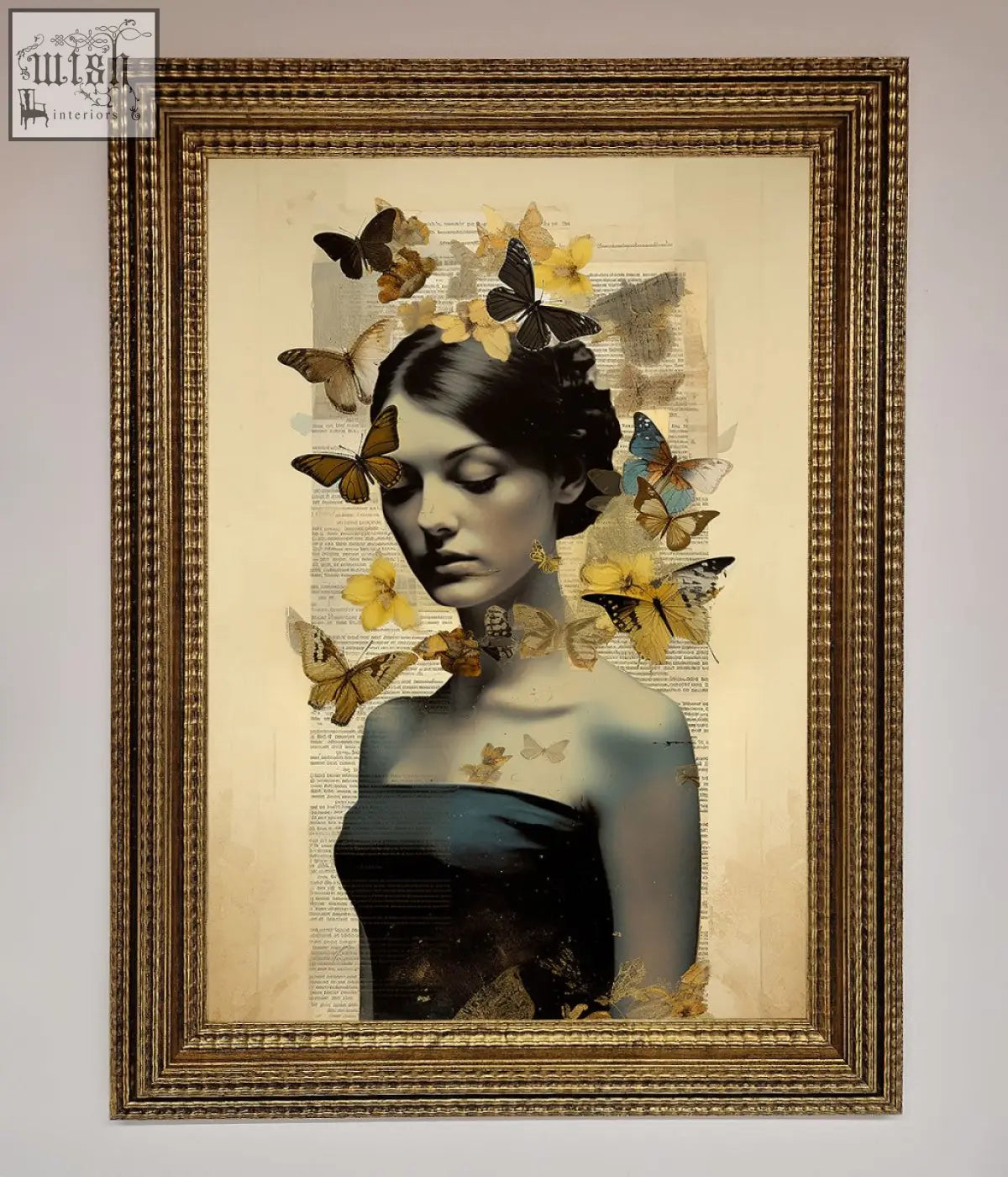 Elegant gold-framed butterfly book woman artwork with yellow brown butterflies on vintage newspaper background woman framed poster