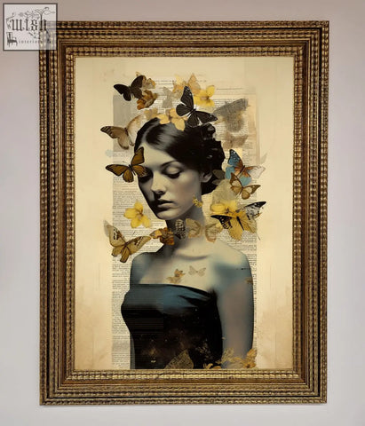 Elegant gold-framed butterfly book woman artwork with yellow brown butterflies on vintage newspaper background woman framed poster