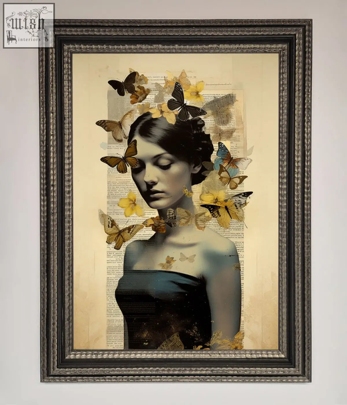 Elegant black-framed butterfly book woman art with yellow and brown butterflies on aged text background woman framed poster