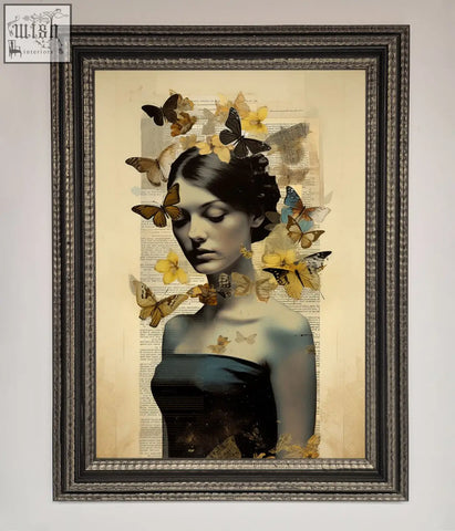 Elegant black-framed butterfly book woman art with yellow and brown butterflies on aged text background woman framed poster