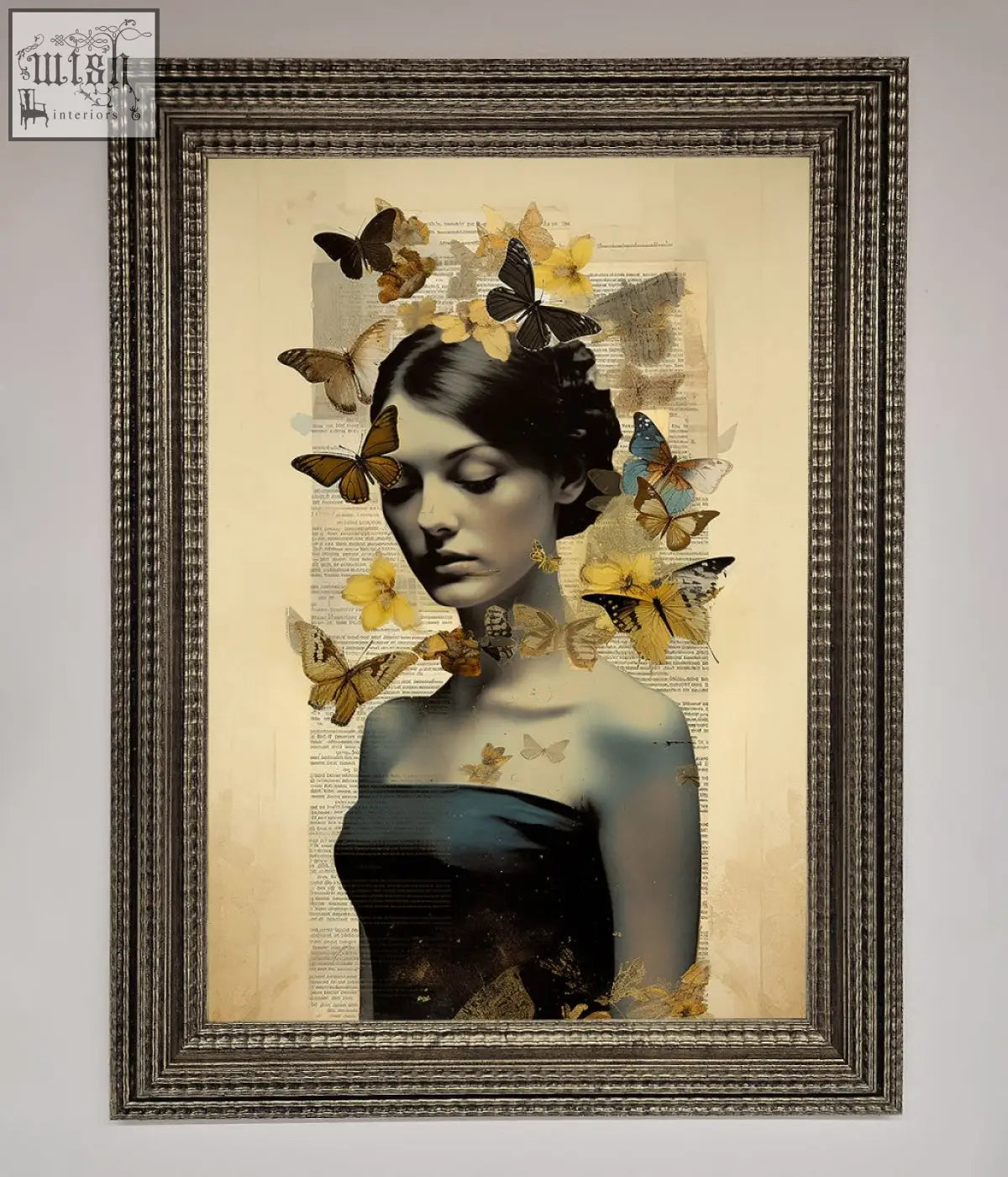A butterfly book woman framed poster featuring a dark haired woman surrounded by yellow brown and blue butterflies on aged newspaper