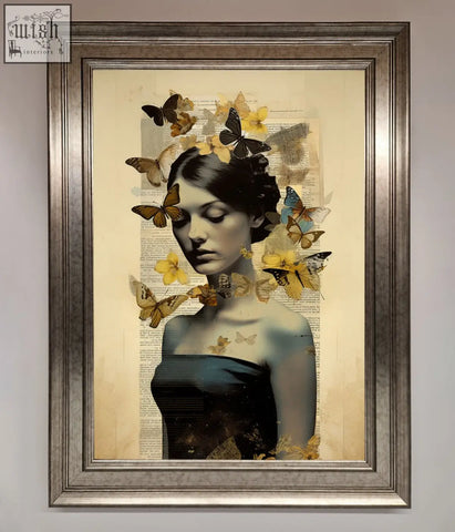A butterfly book woman framed poster showing a dark haired woman surrounded by yellow brown and blue butterflies on aged book pages