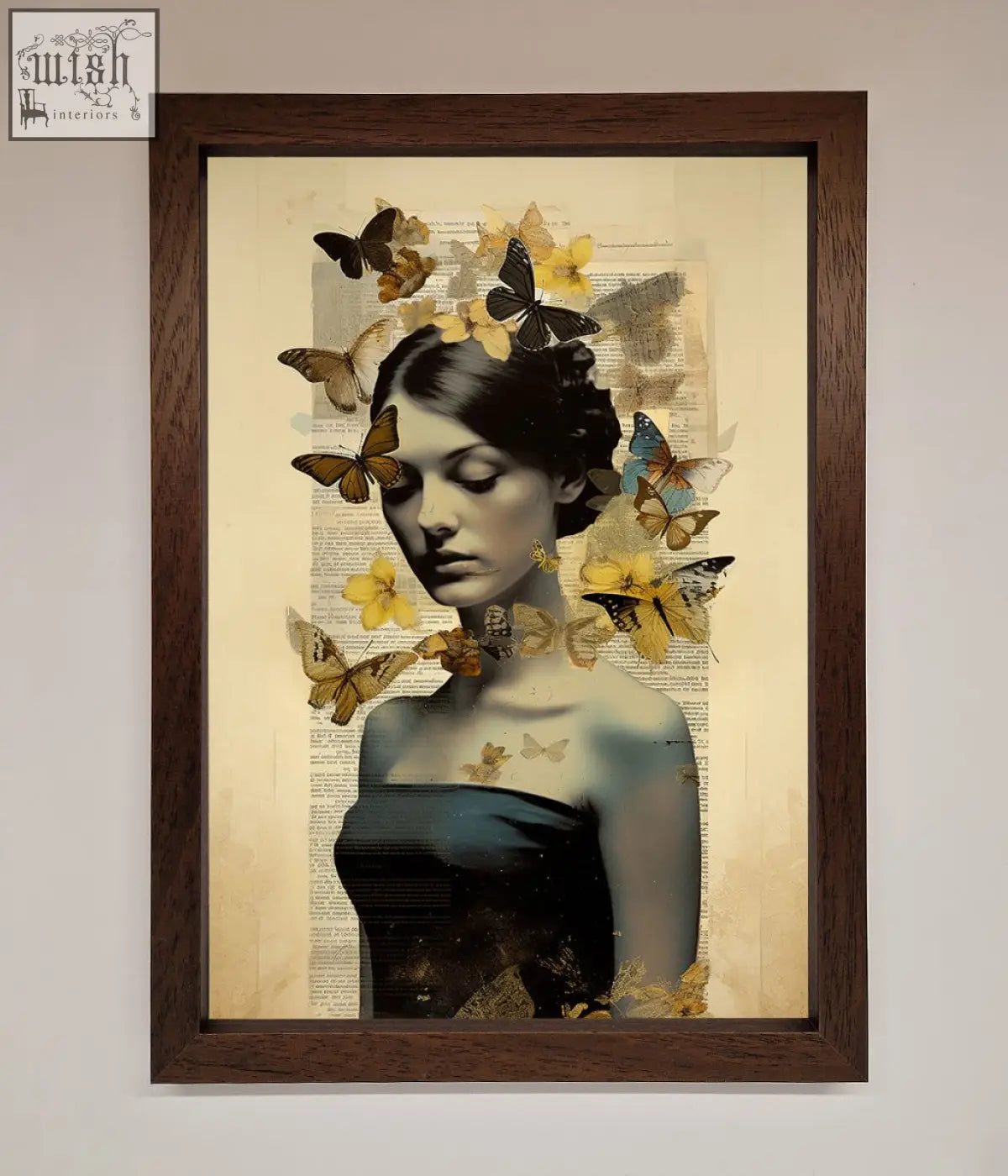 A butterfly book woman framed poster showing a dark-haired woman with yellow brown blue butterflies on a book page background