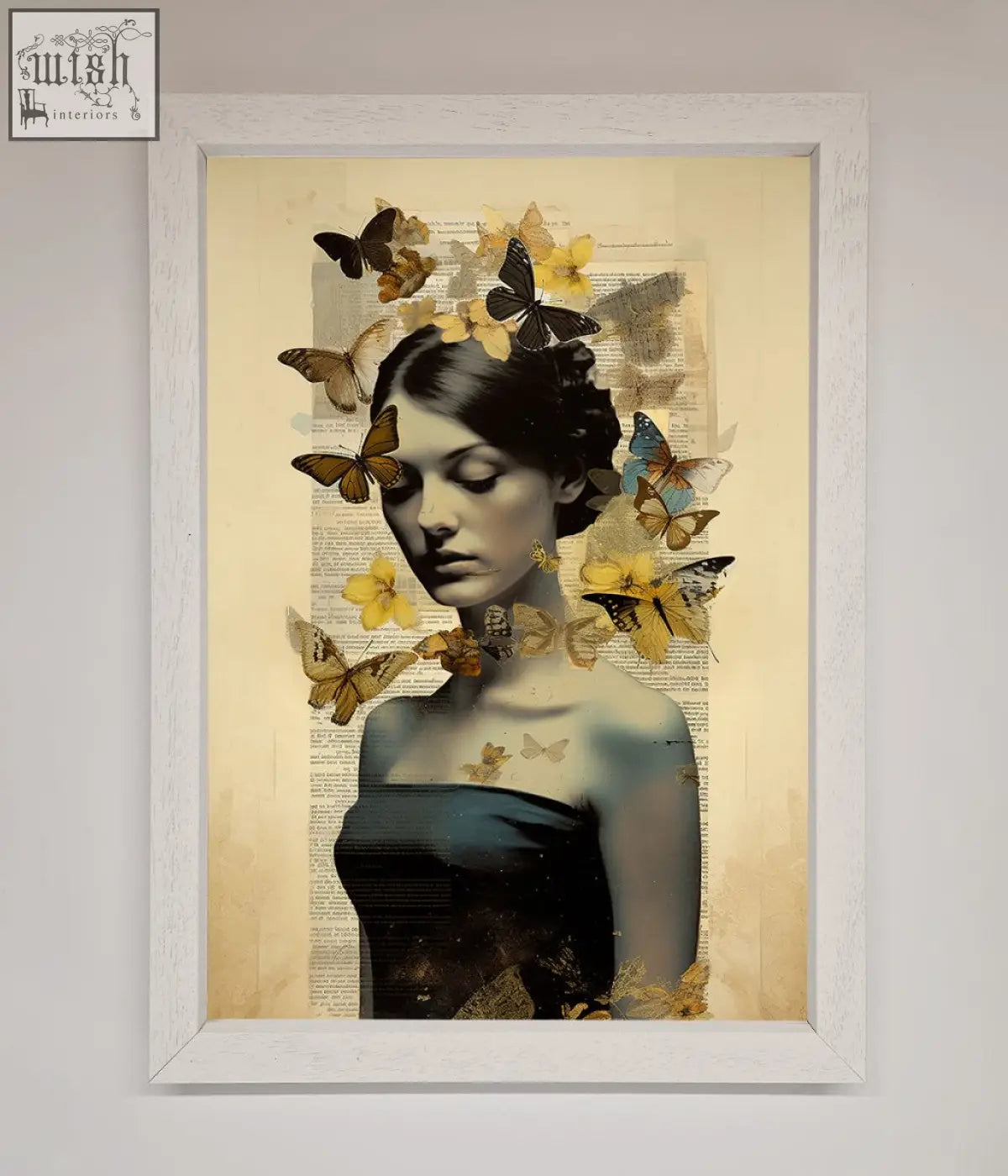 A butterfly book woman framed poster showing a dark haired woman with butterflies and yellow flowers on a vintage book page background