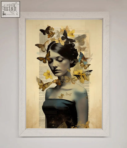 A butterfly book woman framed poster showing a dark haired woman with butterflies and yellow flowers on a vintage book page background