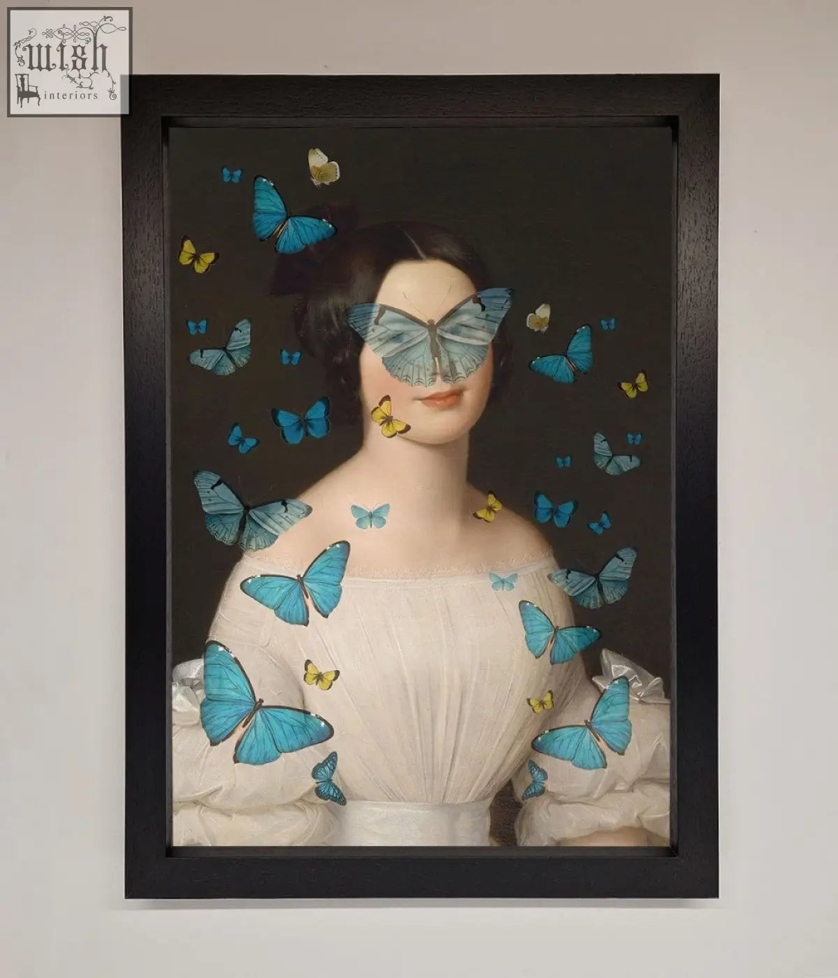 A butterfly renaissance framed print showing a woman in an off-white gown surrounded by blue and yellow butterflies