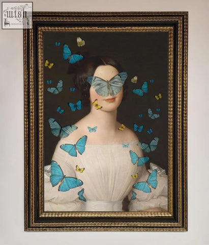 A butterfly renaissance framed print featuring a woman in an off-white gown with blue and yellow butterflies in a gold frame