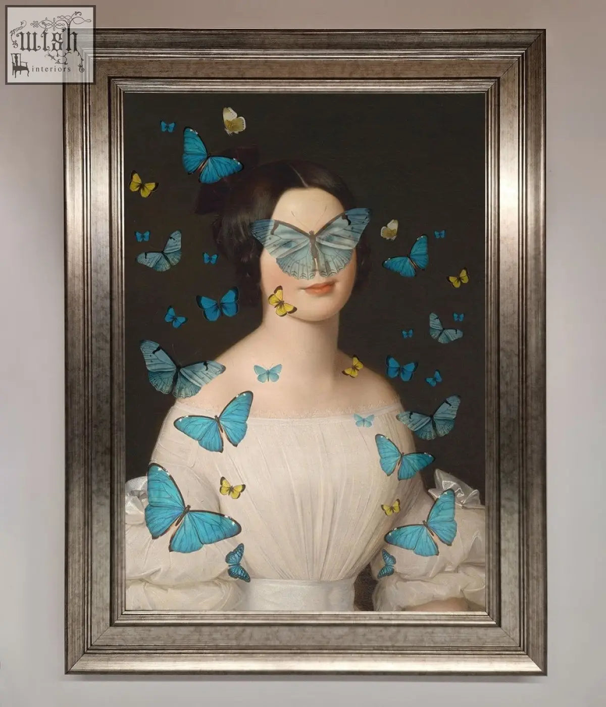 A butterfly renaissance framed print featuring a woman in an off-white gown with blue and yellow butterflies in a silver frame