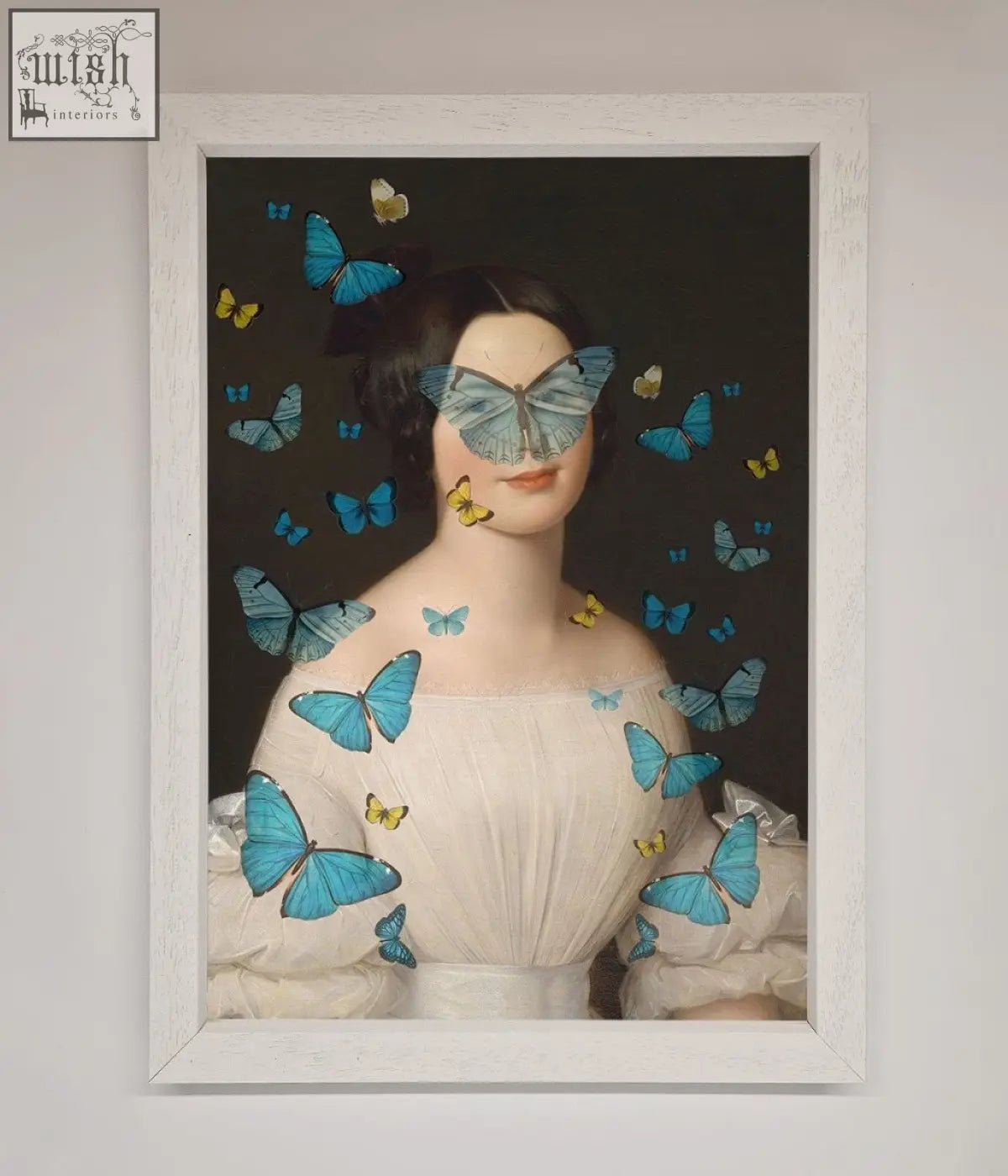 A butterfly renaissance framed print showing a woman in an off-white gown with blue and yellow butterflies including one over her eyes