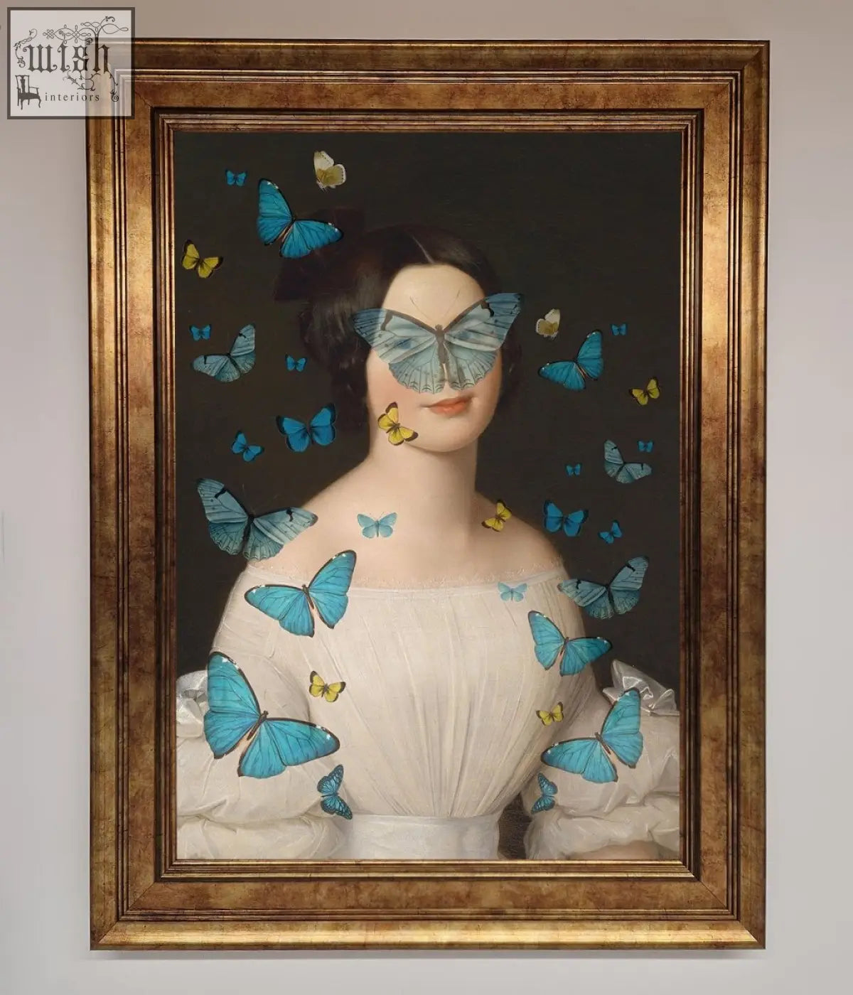 A butterfly renaissance framed print featuring a woman in an off-white gown with blue and yellow butterflies in a gold frame