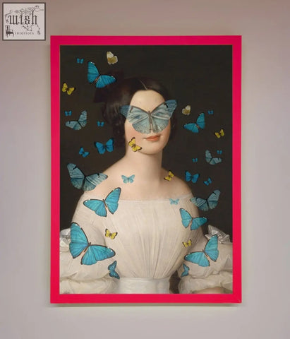 A vibrant pink-framed butterfly renaissance framed print showing a woman in an off-white gown with blue and yellow butterflies