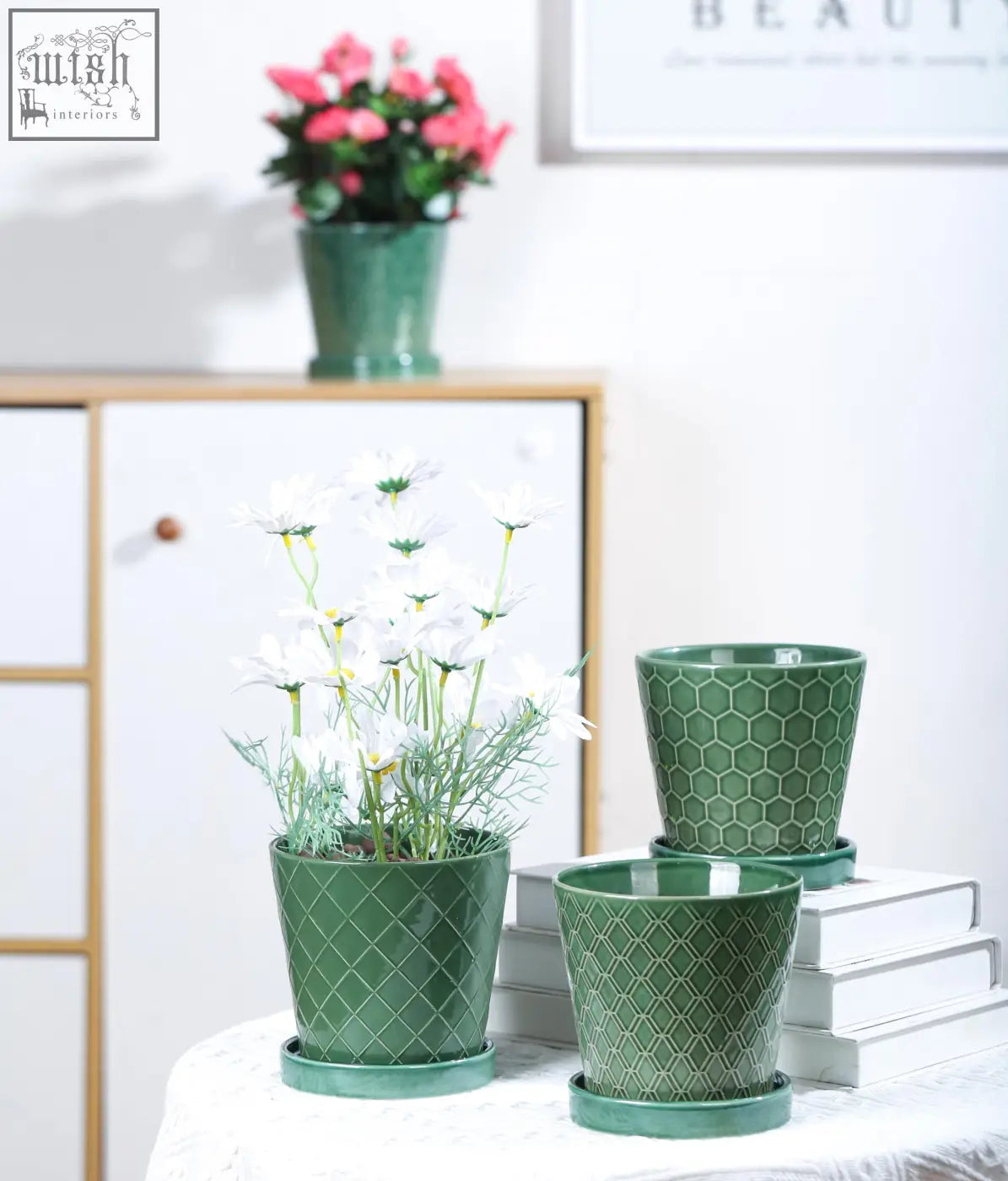 Set of three green ceramic plant pots with drainage hole and geometric patterns perfect gift for indoor gardening