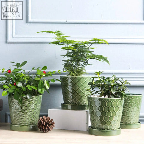 Set of four green ceramic plant pots with drainage hole and matching saucers perfect gift for indoor gardening