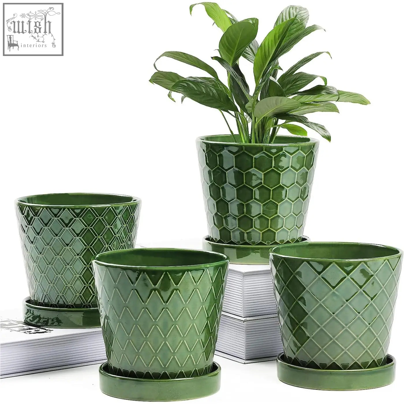 Set of three glossy forest green ceramic plant pots with drainage hole and modern striped geometric patterns with trays