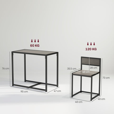 HOMCOM Dining Table and Chairs Set 2, Dining Room Sets, Rectangular Space Saving Table and 2 Chairs for Compact Kitchens, Steel Frame, Grey Wood-Effect