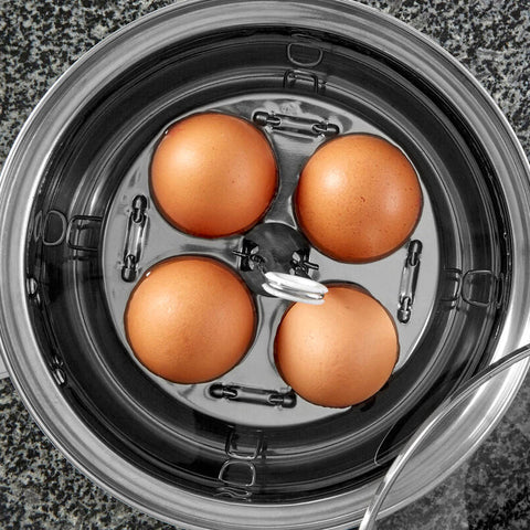 Silver stainless steel bygone egg lifter electric egg cooker with four brown eggs in multi compartment design