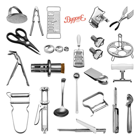 Stainless steel kitchen utensil set featuring graters scissors peelers spoons and the bygone egg lifter tool