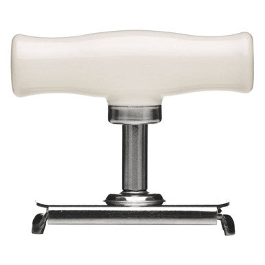 Cream ceramic handle with polished chrome base and footrest on bygone stainless steel jar opener for easy jar opening