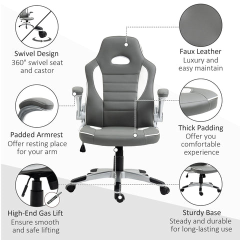 Vinsetto Computer Gaming Chair, Office Desk Swivel Chair, PU Leather Racing Chair with 90\'c2\'b0 Flip-up Armrest, Adjustable Height and Rolling Wheels, Grey