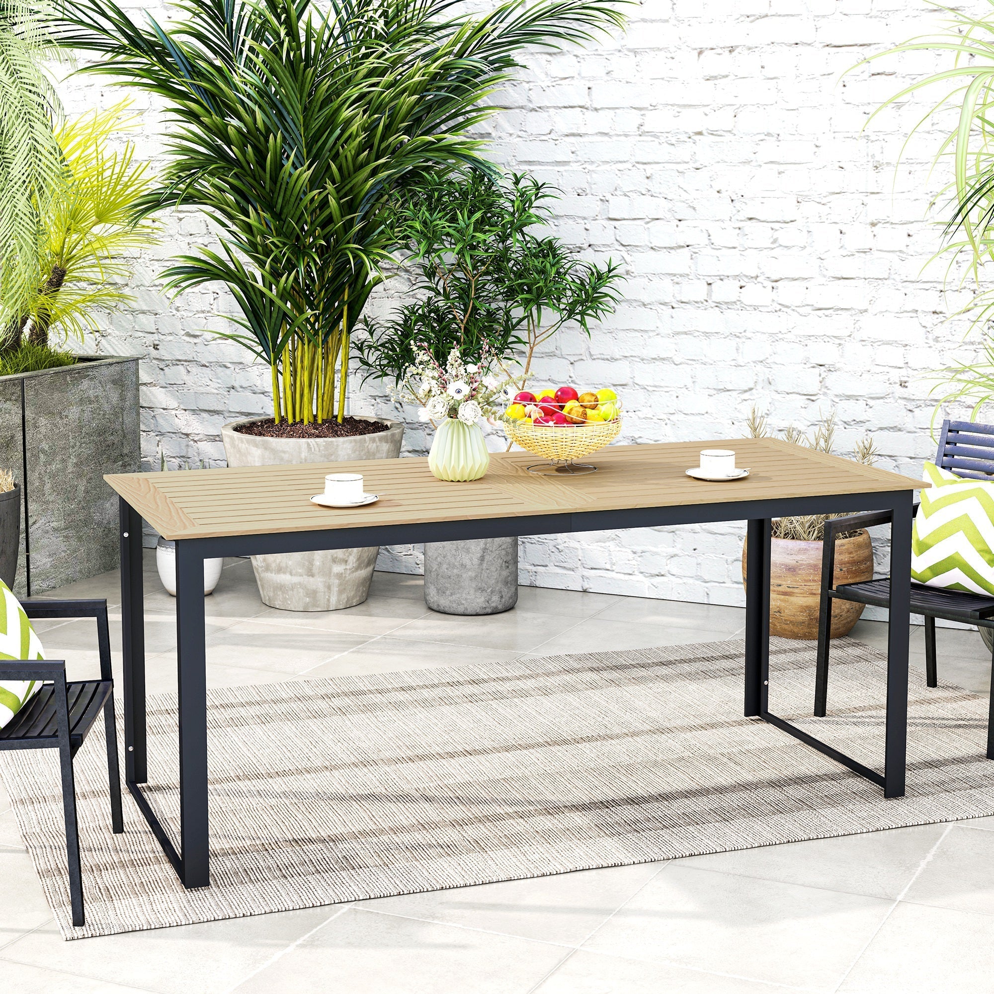 Outsunny Garden Dining Table, 175 x 78 x 75 cm Rectangle Outdoor Table for 6 People with Slatted Table Top, Metal Frame, for Balcony, Deck, Teak