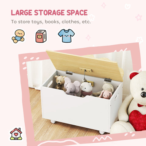 AIYAPLAY Toy Box with Lid, Toy Chest with Wheels and Safety Hinges, Toddler Storage Organiser for Playroom, Bedroom, White