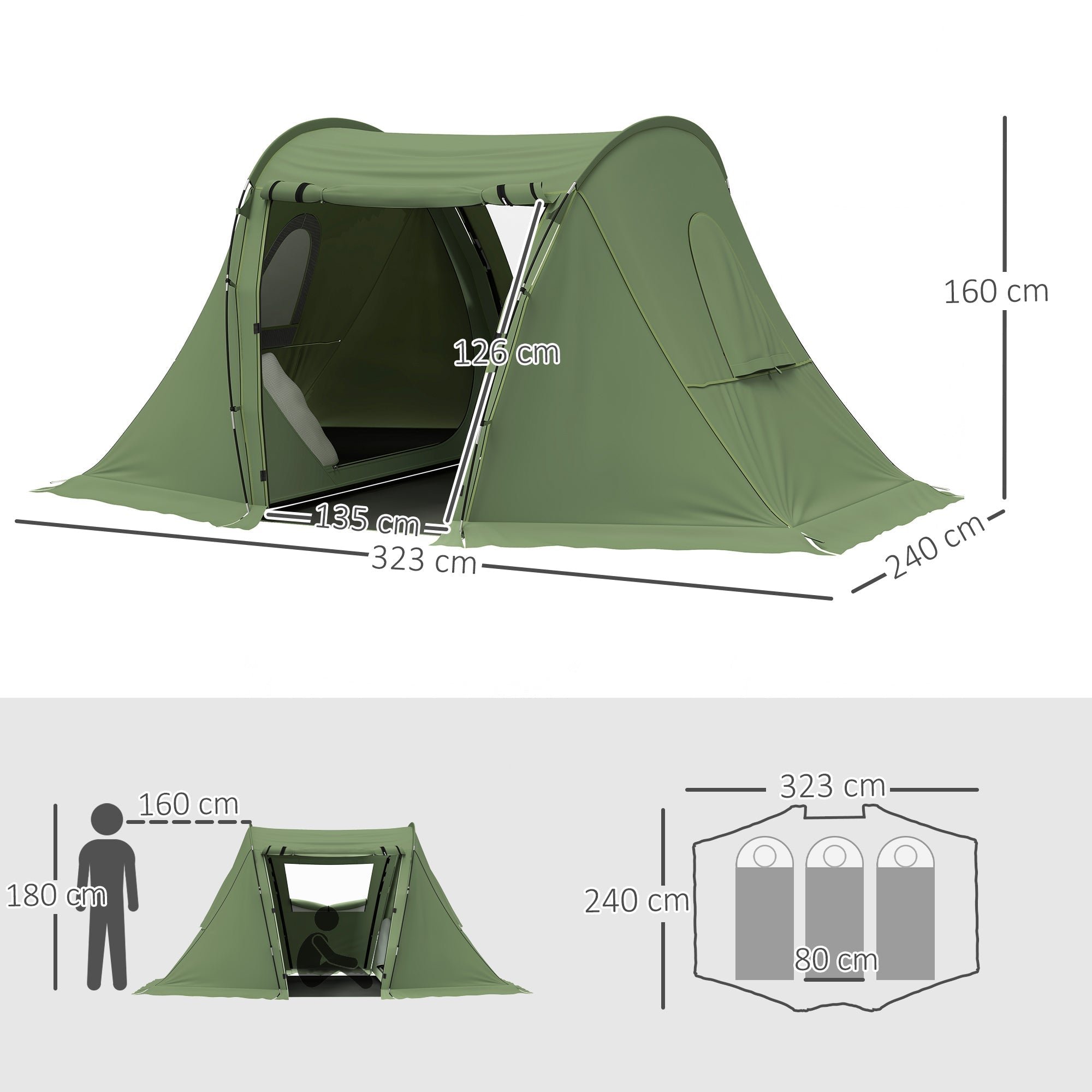 Outsunny 3 Man Camping Tent with Living Area and 2 Bedrooms, 3000mm Waterproof Family Tent with Sewn-in Groundsheet, Portable with Bag for Hiking, Festival, Backpacking, Green