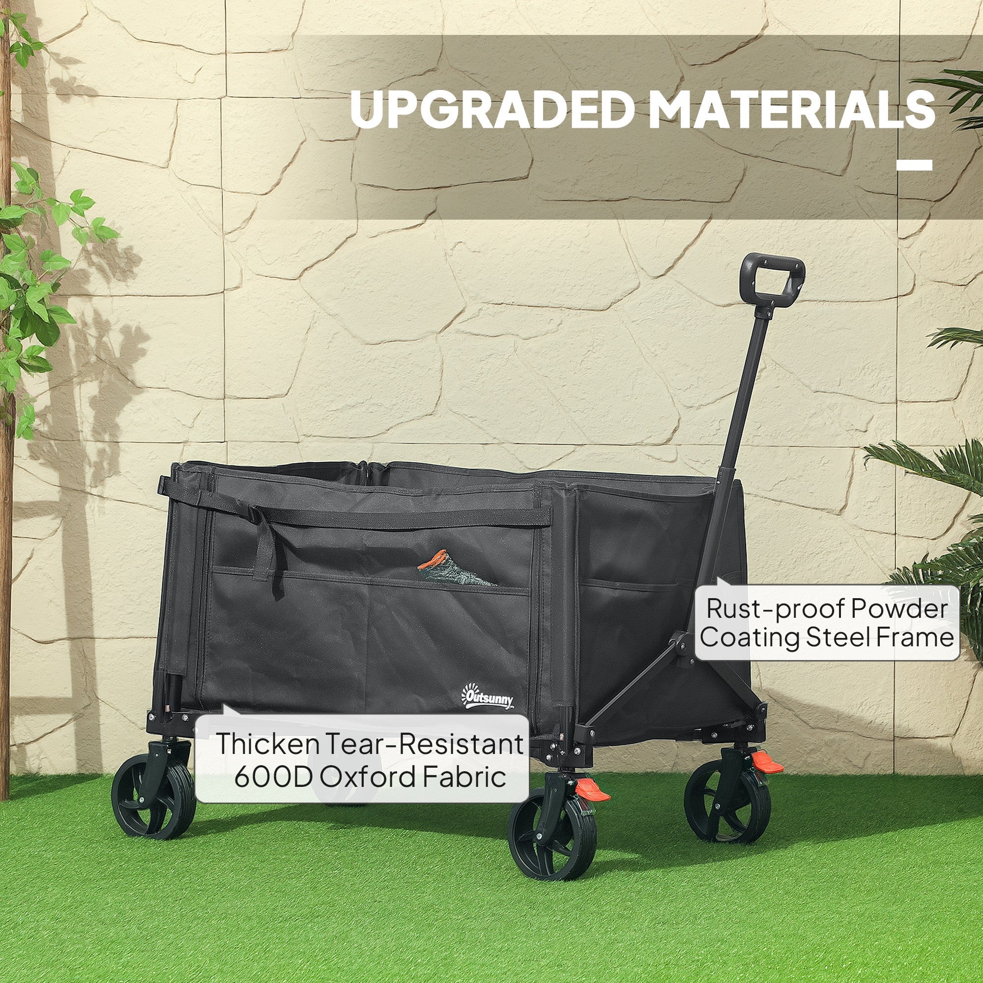 Outsunny Folding Trolley on Wheels, 150L Collapsible Wagon Festival Trolley Cart with Openable Sides, Adjustable Handle and Brakes for Shopping Camping Beach and Garden, Black