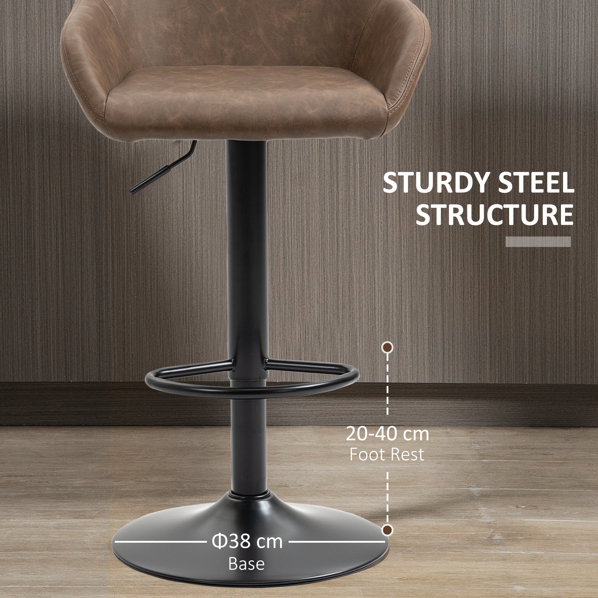 HOMCOM Bar Stools Set of 2, Height Adjustable Swivel Barstools, PU Leather Kitchen Stools with Backs, Armrests and Footrest for Home, Counter and Dining Room, Dark Brown